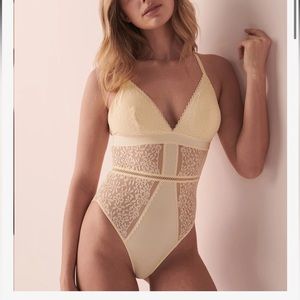 LAST CALL NWOT Mesh and Lace butter Yellow Cheeky Teddy Bodysuit Lingerie